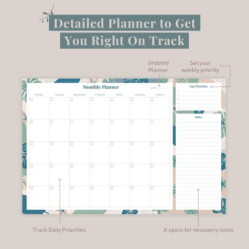 Rileys & Co Undated Monthly Calendar Planner, 16.5 x 11.4 in, Floral Print, Monthly Desk Pad, Tearsheet To Do list planner, Daily Planner Pad, Weekly