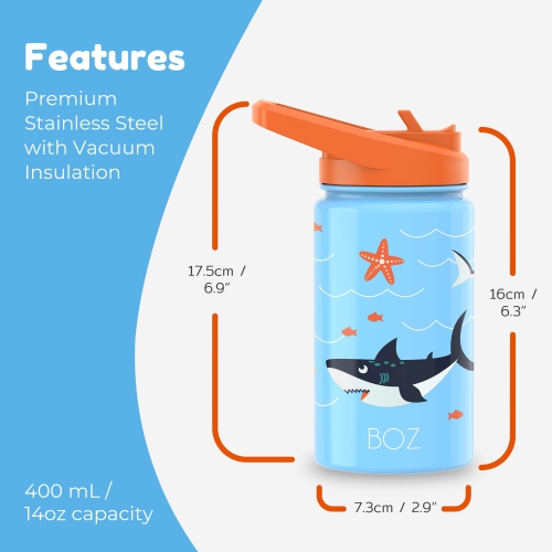 BOZ Kids Insulated Water Bottle with Straw Lid, Stainless Steel Vacuum Double Wall Water Cup with Scratch-Resistant Cute Print and Carry Handle,