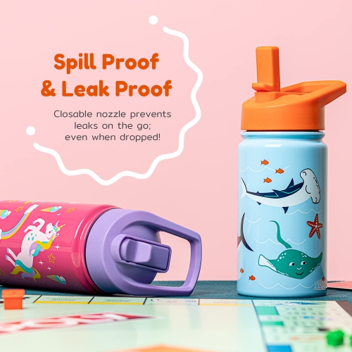 BOZ Kids Insulated Water Bottle with Straw Lid, Stainless Steel Vacuum Double Wall Water Cup with Scratch-Resistant Cute Print and Carry Handle,