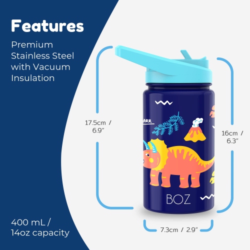 BOZ Kids Insulated Water Bottle with Straw Lid, Stainless Steel Vacuum Double Wall Water Cup with Scratch-Resistant Cute Print and Carry Handle,