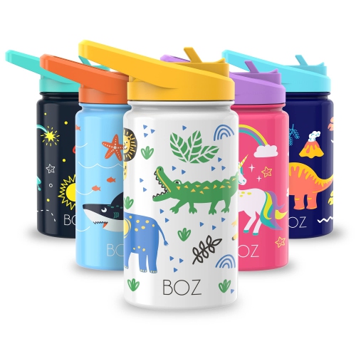 BOZ  Kids Insulated Water Bottle \w Straw Lid, Stainless Steel Vacuum Double Wall Water Cup \w Scratch-Resistant Cute Print And Carry Handle