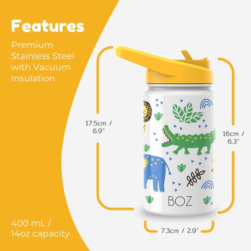 BOZ Kids Insulated Water Bottle with Straw Lid, Stainless Steel Vacuum Double Wall Water Cup with Scratch-Resistant Cute Print and Carry Handle,