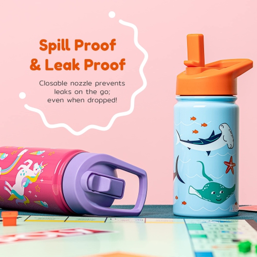 BOZ Kids Insulated Water Bottle with Straw Lid, Stainless Steel Vacuum Double Wall Water Cup with Scratch-Resistant Cute Print and Carry Handle,
