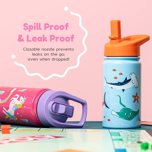 BOZ Kids Insulated Water Bottle with Straw Lid, Stainless Steel Vacuum Double Wall Water Cup with Scratch-Resistant Cute Print and Carry Handle,