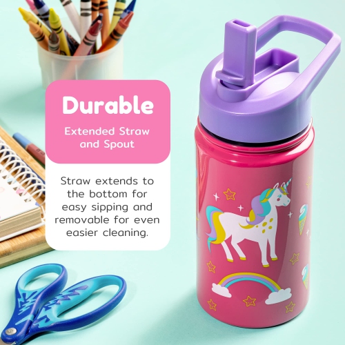 BOZ Kids Insulated Water Bottle with Straw Lid, Stainless Steel Vacuum Double Wall Water Cup with Scratch-Resistant Cute Print and Carry Handle,