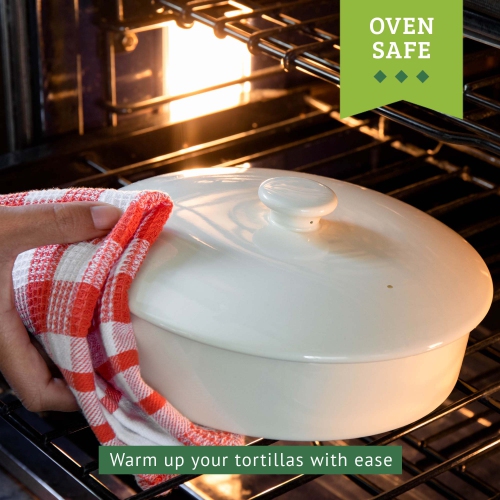 Chef Tacos Ceramic Tortilla Warmer, Microwavable, 8-Inch, Cream, Tortilla Holder Container, Pancake Keeper, Best for Storage Tortilleros, with Lid