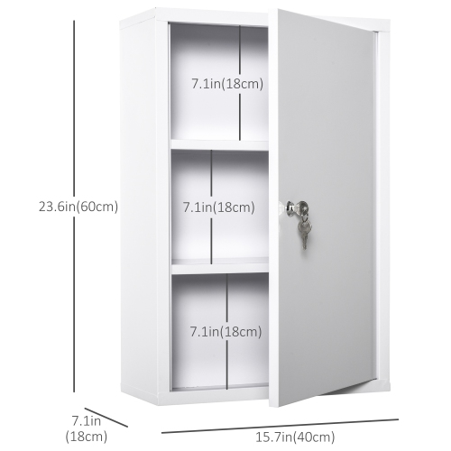 kleankin Wall Mount Medicine Cabinet, 3-Tier Steel Locking First Aid Cabinet with 2 Keys, Large Capacity Medicine Organizer for Bathroom Kitchen,