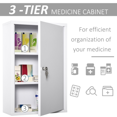 kleankin Wall Mount Medicine Cabinet, 3-Tier Steel Locking First Aid Cabinet with 2 Keys, Large Capacity Medicine Organizer for Bathroom Kitchen,