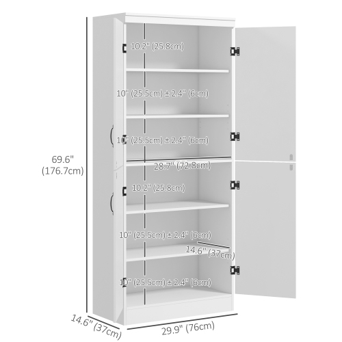 HOMCOM – Armoire garde-manger de 70 po, armoire de rangement autonome à 4 portes, garde-manger à 6 niveaux pour salon, blanc