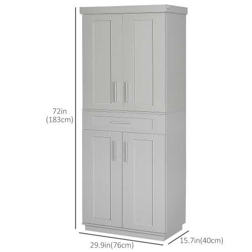 HOMCOM 72" Tall Kitchen Pantry Cabinet, Freestanding Kitchen Storage Cabinet with 4 Doors, Drawer and 3 Adjustable Shelves, Grey