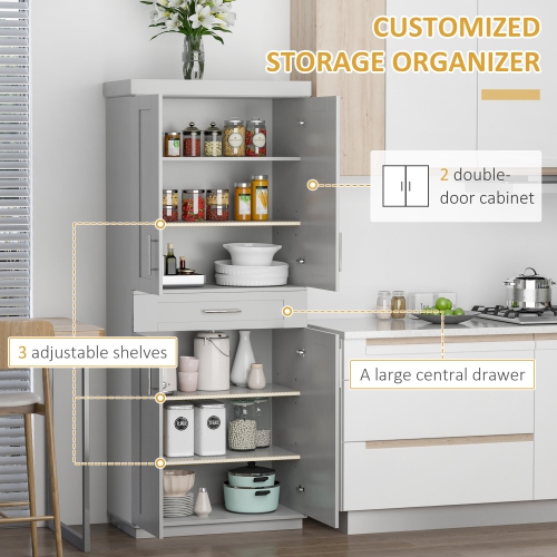 HOMCOM 72" Tall Kitchen Pantry Cabinet, Freestanding Kitchen Storage Cabinet with 4 Doors, Drawer and 3 Adjustable Shelves, Grey