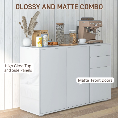 HOMCOM High Gloss Buffet Sideboard with 2 Drawers, 3 Doors and Adjustable Shelf, Kitchen Storage Cabinet with Push Open Design, White