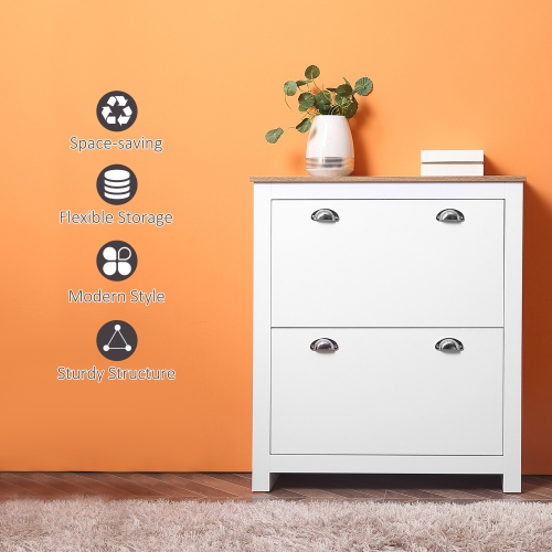 HOMCOM Narrow Shoe Cabinet with 2 Flip Drawers, Slim Shoe Storage Cabinet with Adjustable Shelves for 6-12 Pairs of Shoes for Entryway, Hallway, White