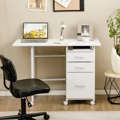 Gymax Folding Computer Laptop Desk Wheeled Home Office Furniture w/3 Drawers White