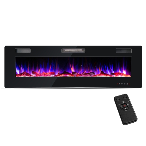 COSTWAY  60 Inches Ultra-Thin Electric Fireplace Recessed & Wall Mounted With Log Crystals