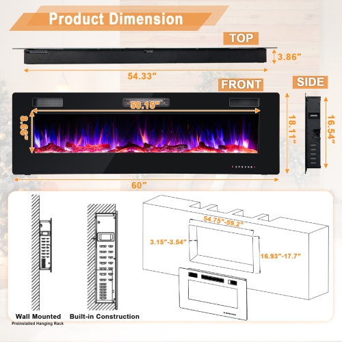 Costway 60 Inches Ultra-thin Electric Fireplace Recessed & Wall Mounted with Log Crystals
