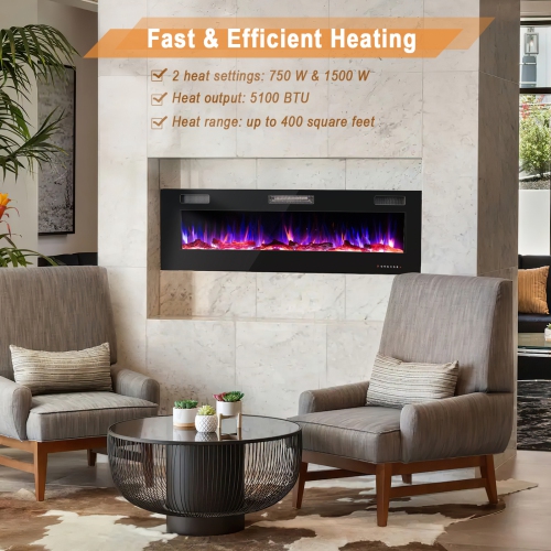 Costway 60 Inches Ultra-thin Electric Fireplace Recessed & Wall Mounted with Log Crystals