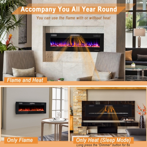 Costway 60 Inches Ultra-thin Electric Fireplace Recessed & Wall Mounted with Log Crystals