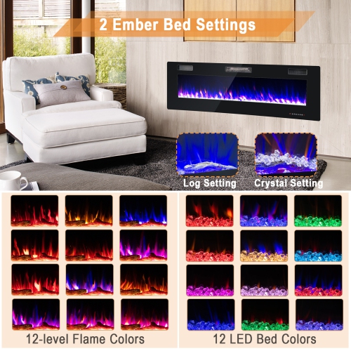 Costway 60 Inches Ultra-thin Electric Fireplace Recessed & Wall Mounted with Log Crystals