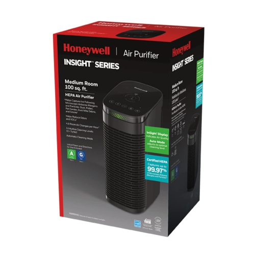 Honeywell InSight HEPA Air Purifier with Air Quality Indicator and Auto Mode, Allergen Reducer for Medium Rooms, Black - Wildfire/Smoke, Pollen, Pet