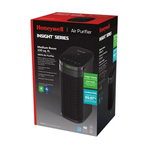 Honeywell InSight HEPA Air Purifier with Air Quality Indicator and Auto Mode, Allergen Reducer for Medium Rooms, Black - Wildfire/Smoke, Pollen, Pet