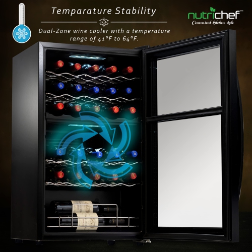 NutriChef PKCWCDS335 33 Bottle Compressor Cooler Dual-Zone Refrigerator Cooling System | Large Freestanding Wine Cellar Fridge for Red White