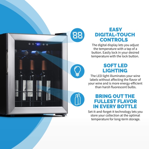 NewAir Compact Wine Cooler Refrigerator | 16 Bottle Capacity | Freestanding/Built-in Countertop Wine Cellar in Stainless Steel with UV Protected