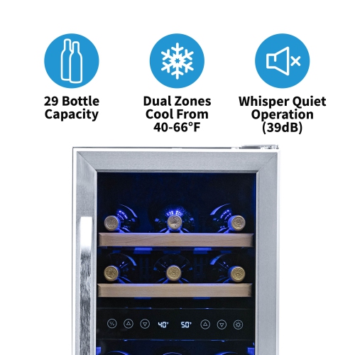 Newair 15" Built-in Wine Fridge, 29 Bottle Dual Zone Wine Cooler, Quiet Compressor with Beech Wood Shelves - Stainless Steel