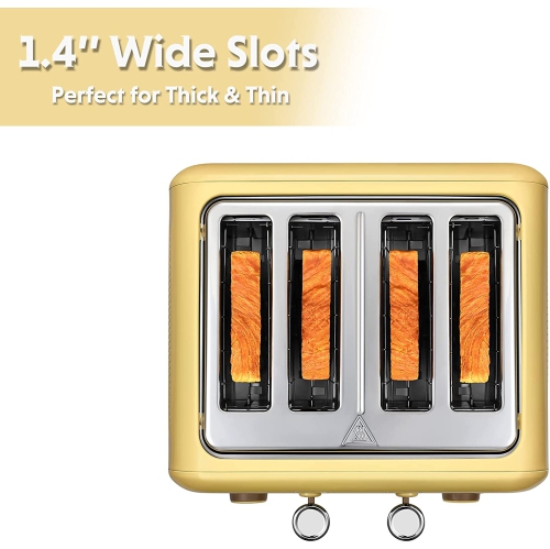 Ecuissede – Grille-pain DT640 à 4 tranches, fentes très larges, acier inoxydable rétro avec levier à soulèvement élevé, fonction bagel et muffin,