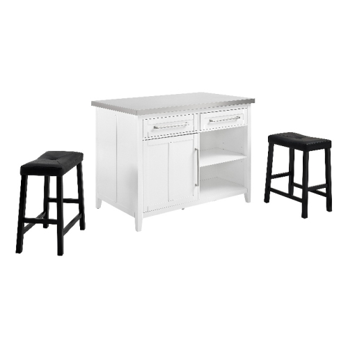 CROSLEY FURNITURE  Silvia 3-Piece Wood Kitchen Island With Saddle Stools In In White
