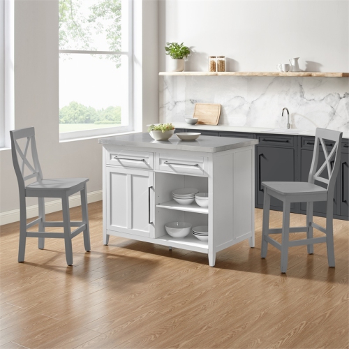Crosley – îlot de cuisine en bois Silvia avec tabourets à dossier en X, 3 pièces, blanc