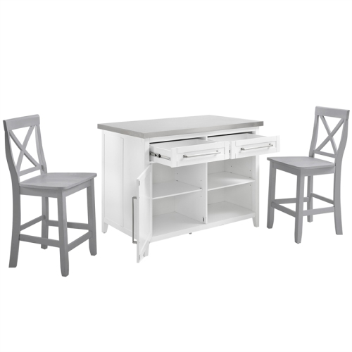 Crosley – îlot de cuisine en bois Silvia avec tabourets à dossier en X, 3 pièces, blanc