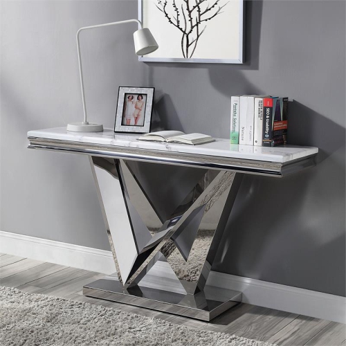 FURNITURE OF AMERICA  Mersa Glam Metal Pedestal Console Table In Chrome