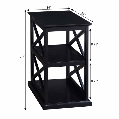 Coventry Chairside End Table with Shelves in Black Wood Finish and "X" Sides