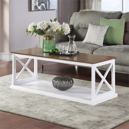 Coventry Coffee Table with Shelf in White Wood Finish with Driftwood Top