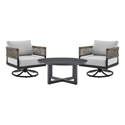 ARMEN LIVING  Felicia And Argiope 3 Piece Patio Outdoor Swivel Set In With Grey Rope In Black