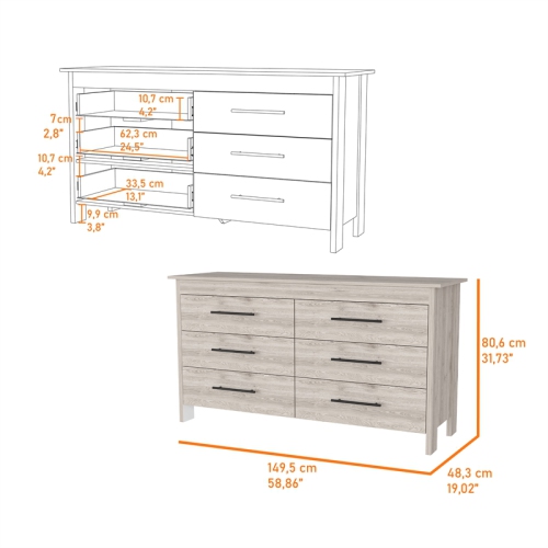 FM FURNITURE Luxor 6 Drawer Double Dresser Light Gray Engineered Wood