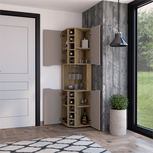 FM FURNITURE Lyla Corner Bar Cabinet Macadamia / Taupe Engineered Wood