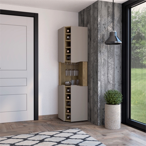 FM FURNITURE Lyla Corner Bar Cabinet Macadamia / Taupe Engineered Wood