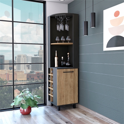 FM FURNITURE Leah Corner Bar Cabinet Black Wengue / Pine Engineered Wood