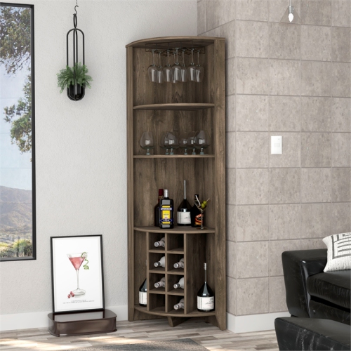 FM FURNITURE Bouvet Corner Bar Cabinet Dark Brown Engineered Wood