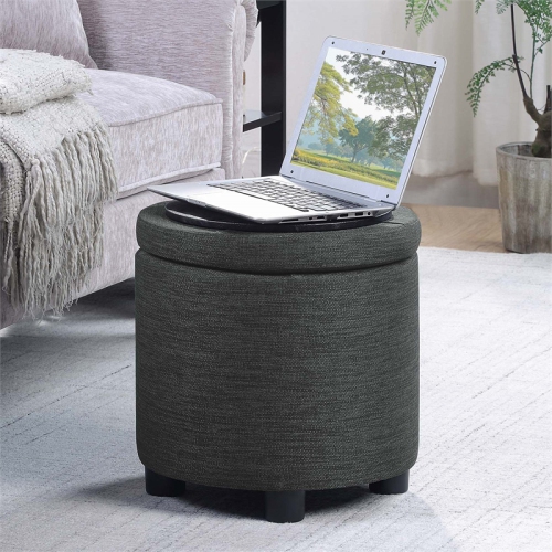 Designs4Comfort Round Accent Storage Ottoman w/Reversible Lid in Gray Fabric