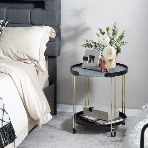 Gymax 2-Tier Side End Table Round Nightstand Gold Frame for Living Room Bedroom