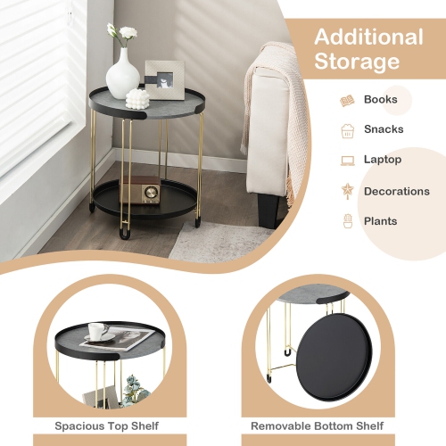 Gymax 2-Tier Side End Table Round Nightstand Gold Frame for Living Room Bedroom