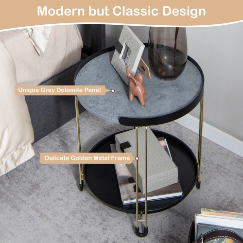 Gymax 2-Tier Side End Table Round Nightstand Gold Frame for Living Room Bedroom