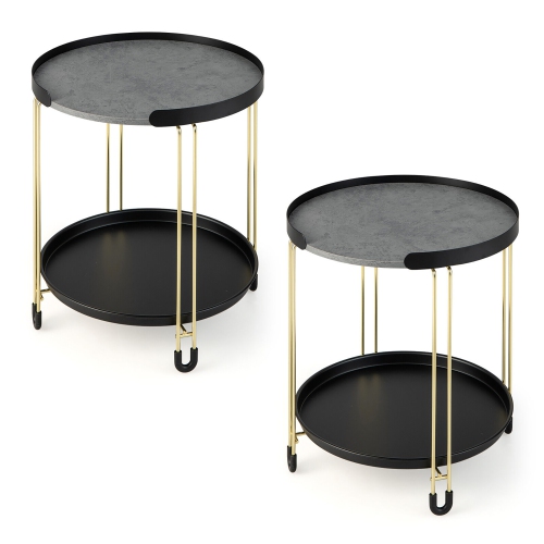 Gymax 2PCS 2-Tier Side End Table Round Nightstand Gold Frame for Living Room Bedroom