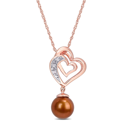 Classic 10K Rose Gold Chain w/ Brown Cultured Pearl & 0.015ctw I2-I3 White Diamond Pendant Necklace