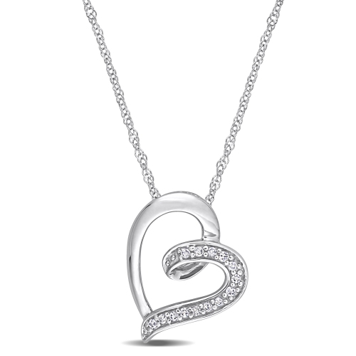 Chaîne classique et pendentif en coeur en or blanc 10 ct avec diamants blancs ronds I2-I3 de 0,056 ct