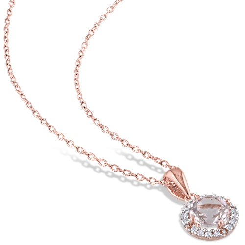 Classic Pink-Plated Sterling Silver Chain and Halo Pendant with Pink Morganite and 0.08ctw Diamond