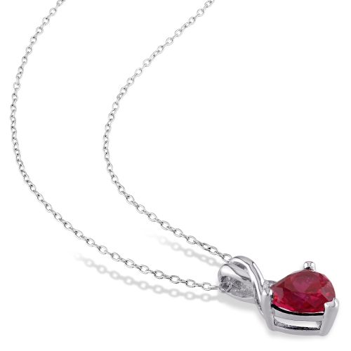 Sterling Silver with Red Heart Created Ruby & 0.03ctw Diamond Pendant Necklace & Drop Earrings Set